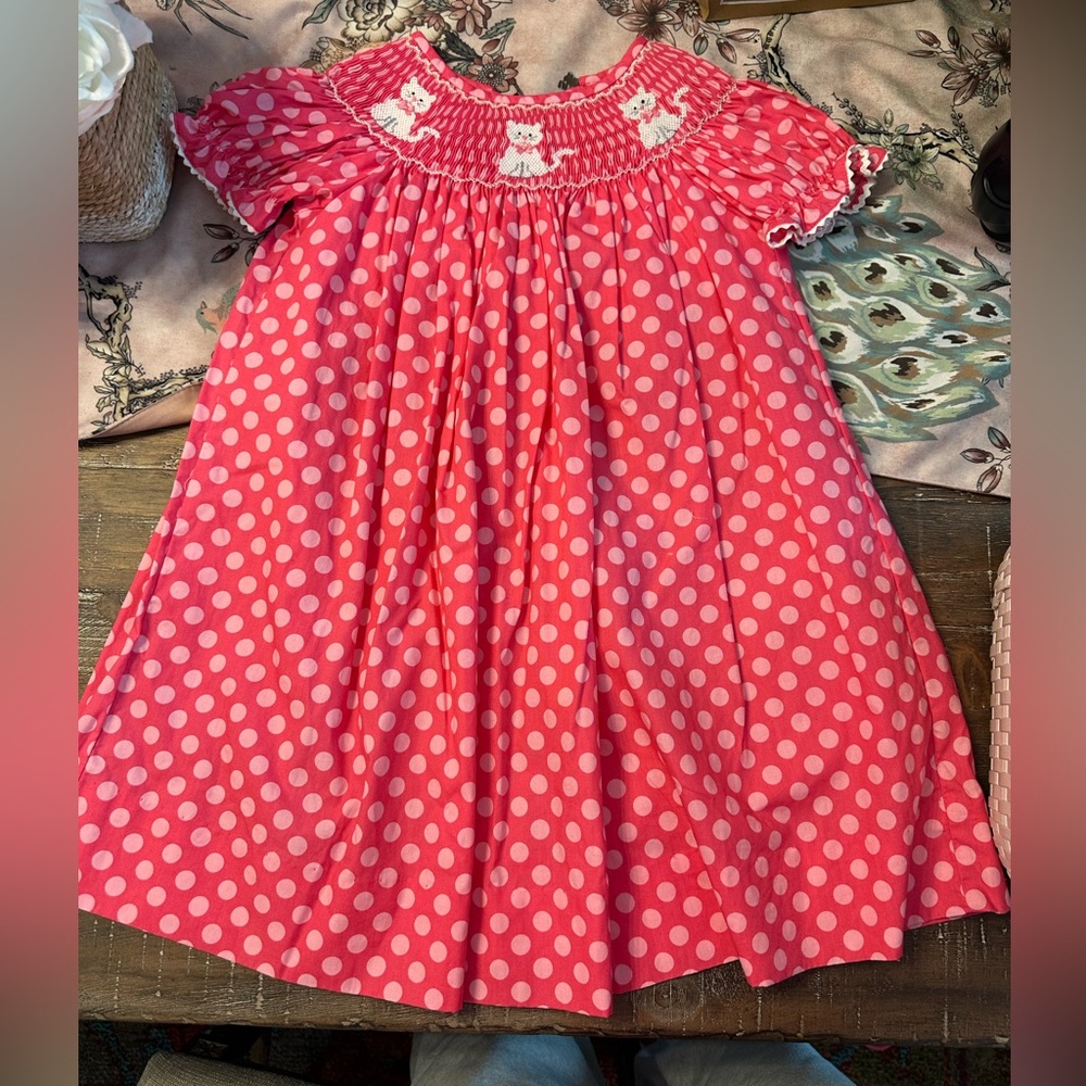 Velani Toddler Girl Pink and White Smocked Cat Dress